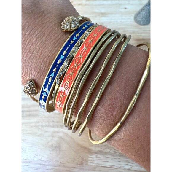Stella & Dot Gold Cuff Bracelet Stack With Blue & Coral Enamel Rhinestone - Picture 1 of 14